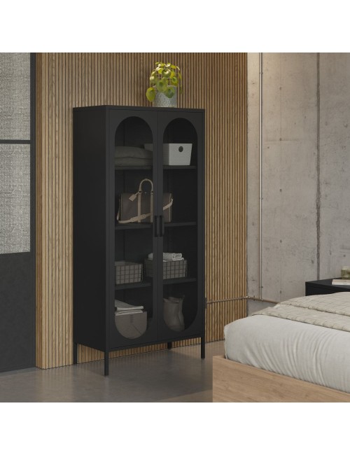 Credenza alta in metallo Diora nero con 2 ante reticolate e 3 ripiani – Design industriale, anima versatile