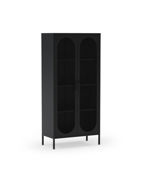 Credenza alta in metallo Diora nero con 2 ante reticolate e 3 ripiani – Design industriale, anima versatile