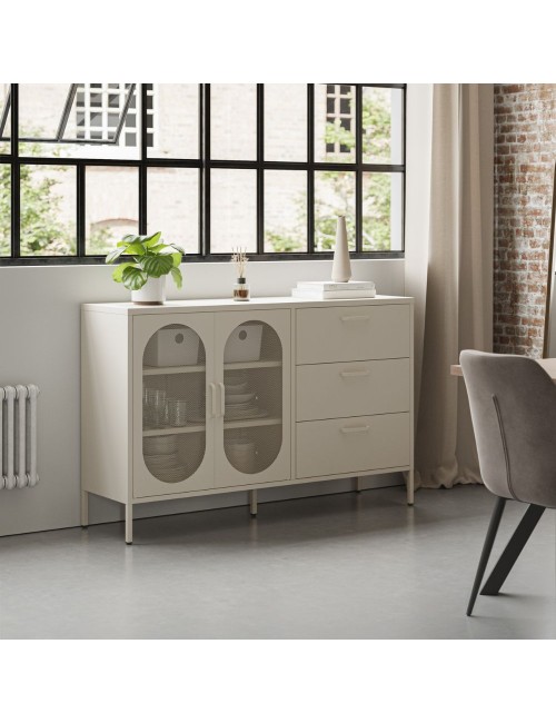 Credenza in metallo Diora crema con 2 ante reticolate e 3 cassetti – Design industriale, anima versatile