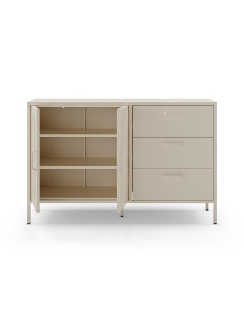 Credenza in metallo Diora crema con 2 ante reticolate e 3 cassetti – Design industriale, anima versatile