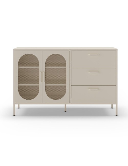 Credenza in metallo Diora crema con 2 ante reticolate e 3 cassetti – Design industriale, anima versatile