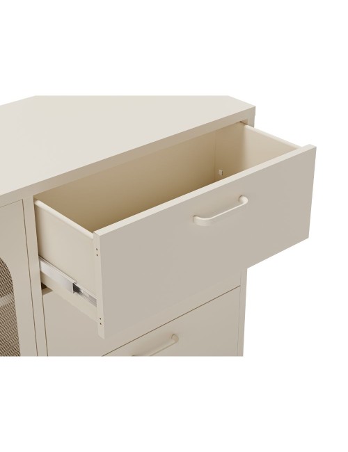 Credenza in metallo Diora crema con 2 ante reticolate e 3 cassetti – Design industriale, anima versatile