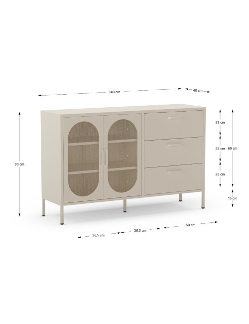 Credenza in metallo Diora crema con 2 ante reticolate e 3 cassetti – Design industriale, anima versatile