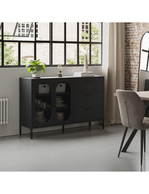 Credenza in metallo Diora nero con 2 ante reticolate e 3 cassetti – Design industriale, anima versatile