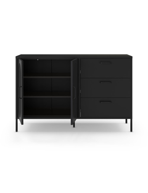 Credenza in metallo Diora nero con 2 ante reticolate e 3 cassetti – Design industriale, anima versatile