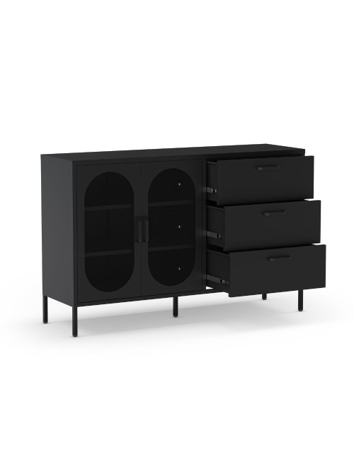 Credenza in metallo Diora nero con 2 ante reticolate e 3 cassetti – Design industriale, anima versatile