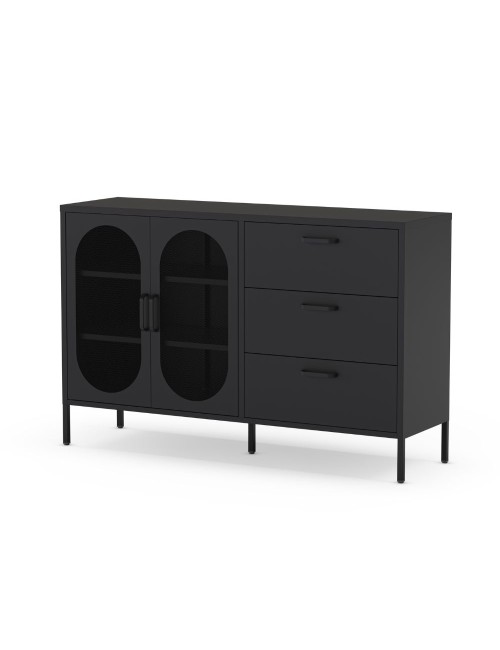 Credenza in metallo Diora nero con 2 ante reticolate e 3 cassetti – Design industriale, anima versatile