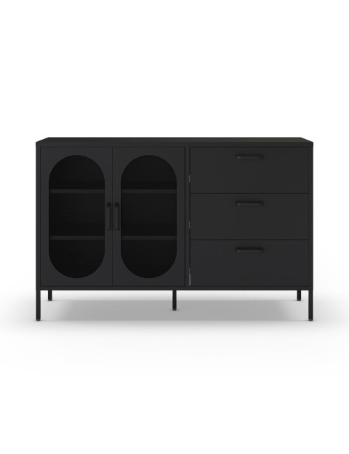 Credenza in metallo Diora nero con 2 ante reticolate e 3 cassetti – Design industriale, anima versatile