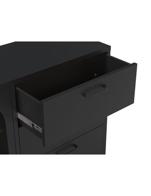 Credenza in metallo Diora nero con 2 ante reticolate e 3 cassetti – Design industriale, anima versatile