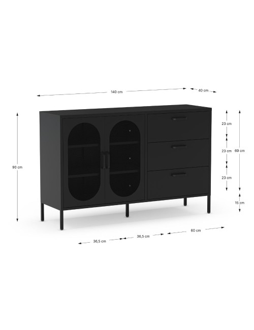 Credenza in metallo Diora nero con 2 ante reticolate e 3 cassetti – Design industriale, anima versatile