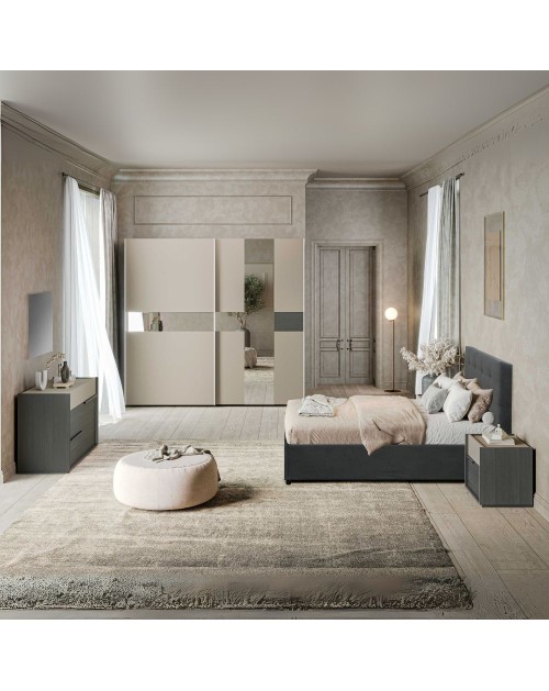 Camera da letto Tania grigio e talco armadio scorrevole con specchi e letto contenitore Ascoli