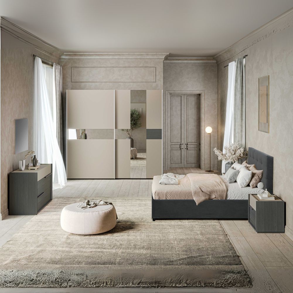 Camera da letto Tania grigio e talco armadio scorrevole con specchi e letto contenitore Ascoli