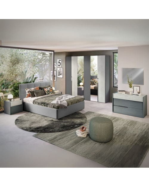 Camera da letto Faba armadio con specchi e ante grigio e cemento e letto contenitore Ascoli