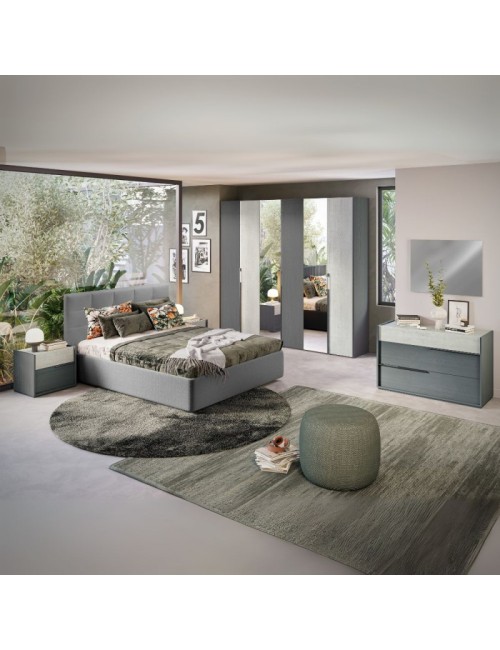 Camera da letto Faba armadio con specchi e ante grigio e cemento e letto contenitore Ascoli