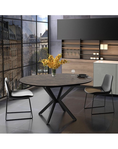 Tavolo rotondo allungabile Dobok piano effetto marmo brown lucido 126x126x76H con gambe nere