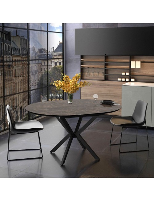 Tavolo rotondo allungabile Dobok piano effetto marmo brown lucido 126x126x76H con gambe nere