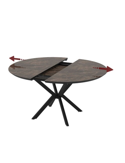 Tavolo rotondo allungabile Dobok piano effetto marmo brown lucido 126x126x76H con gambe nere