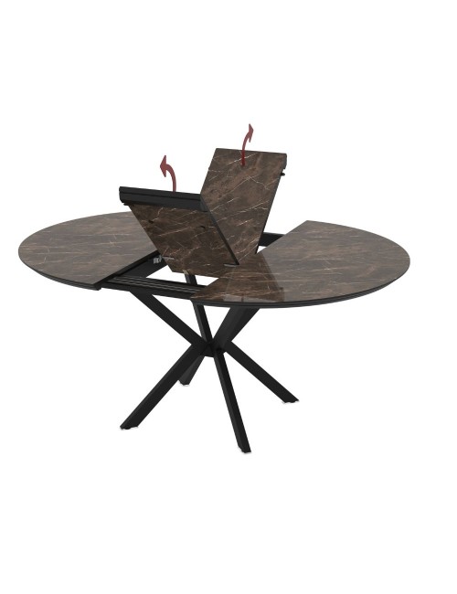 Tavolo rotondo allungabile Dobok piano effetto marmo brown lucido 126x126x76H con gambe nere