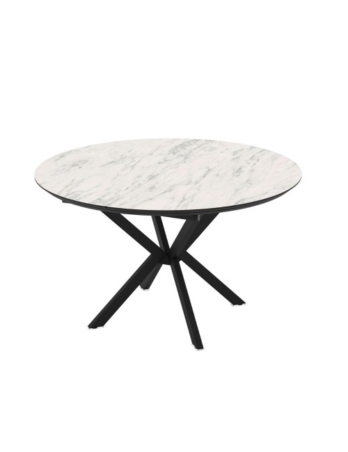 Tavolo rotondo allungabile Dobok piano effetto marmo bianco opaco 126x126x76H con gambe nere
