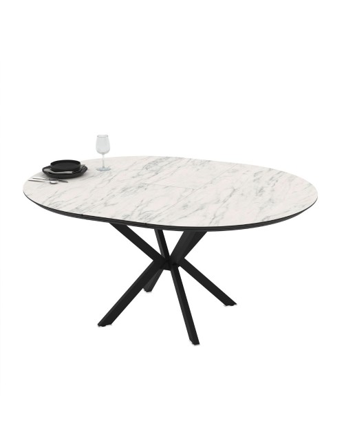 Tavolo rotondo allungabile Dobok piano effetto marmo bianco opaco 126x126x76H con gambe nere