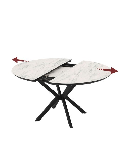 Tavolo rotondo allungabile Dobok piano effetto marmo bianco opaco 126x126x76H con gambe nere