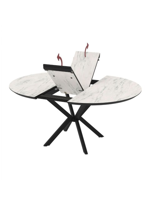 Tavolo rotondo allungabile Dobok piano effetto marmo bianco opaco 126x126x76H con gambe nere