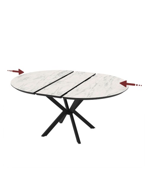 Tavolo rotondo allungabile Dobok piano effetto marmo bianco opaco 126x126x76H con gambe nere