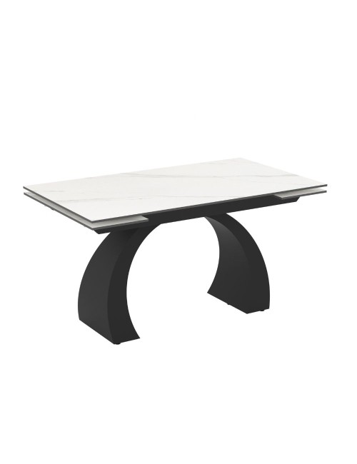 Tavolo allungabile Libra con piano in ceramica effetto marmo bianco e base arcuata nera 140x80x76H