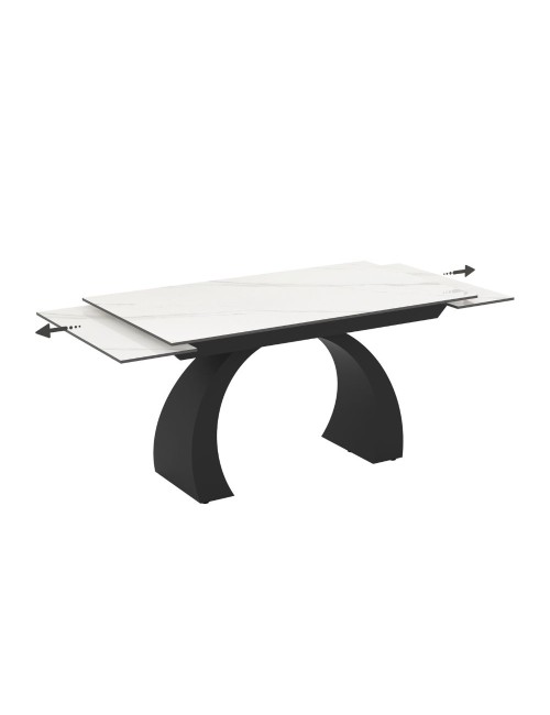 Tavolo allungabile Libra con piano in ceramica effetto marmo bianco e base arcuata nera 140x80x76H