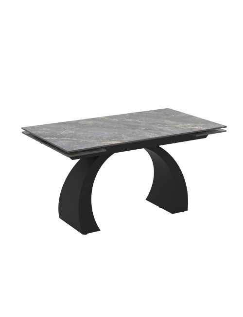 Tavolo allungabile Libra con piano in ceramica effetto marmo grigio e base arcuata nera 140x80x76H
