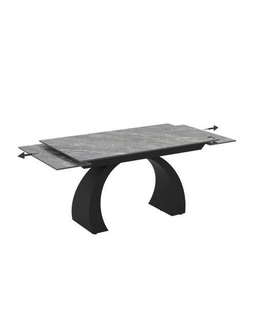 Tavolo allungabile Libra con piano in ceramica effetto marmo grigio e base arcuata nera 140x80x76H