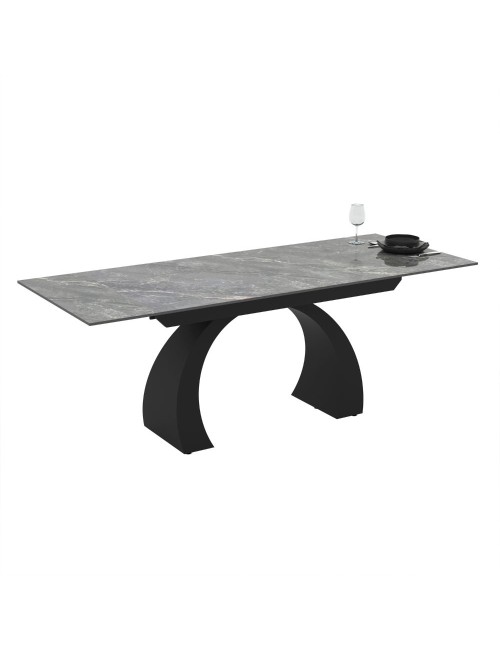 Tavolo allungabile Libra con piano in ceramica effetto marmo grigio e base arcuata nera 140x80x76H
