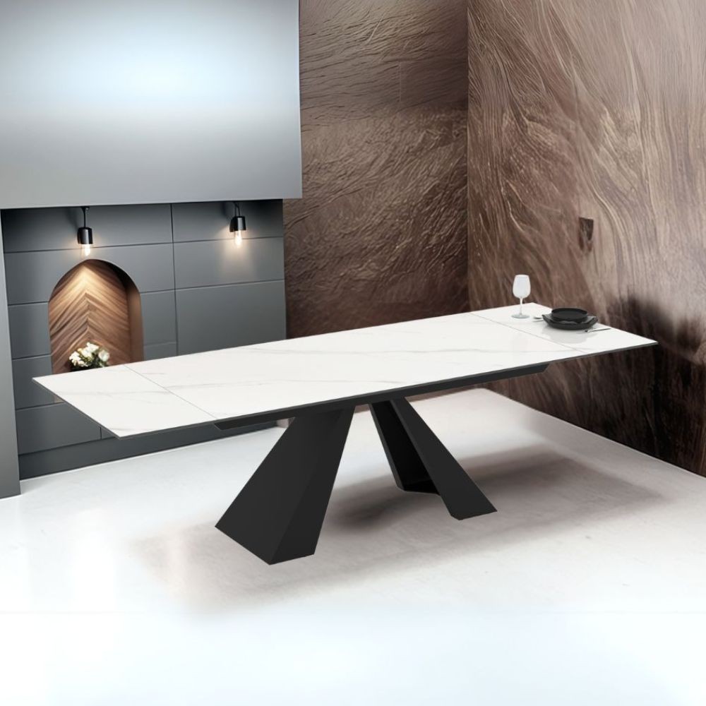 Tavolo allungabile Monza piano in ceramica effetto marmo bianco e gambe in metallo nero 180x90x77H