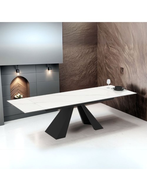 Tavolo allungabile Monza piano in ceramica effetto marmo bianco e gambe in metallo nero 180x90x77H