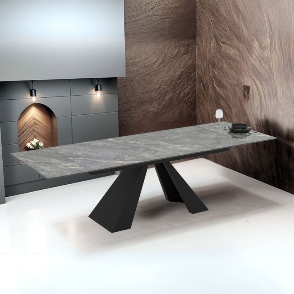 Tavolo allungabile Monza piano in ceramica effetto marmo grigio e gambe in metallo nero 180x90x77H