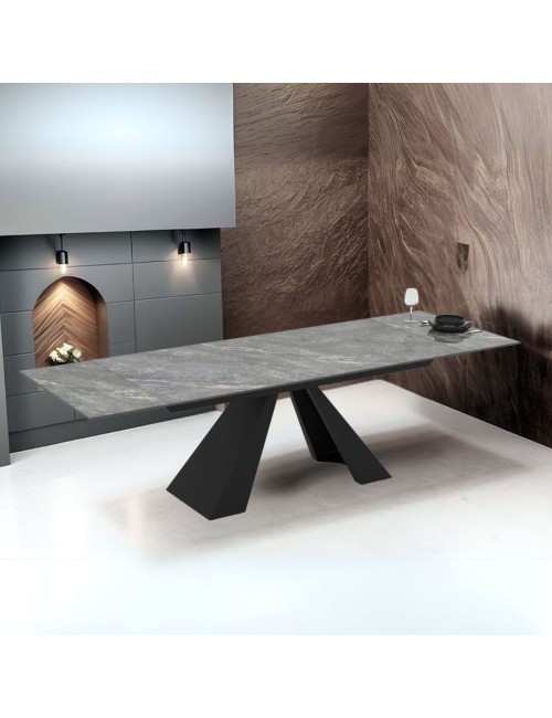 Tavolo allungabile Monza piano in ceramica effetto marmo grigio e gambe in metallo nero 180x90x77H