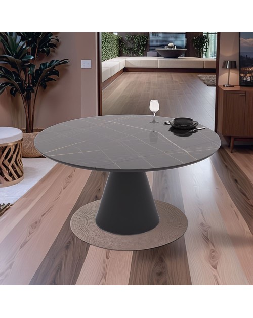 Tavolo girevole allungabile Yandan con piano effetto marmo nero lucido e base conica in metallo nero 150x94x76H