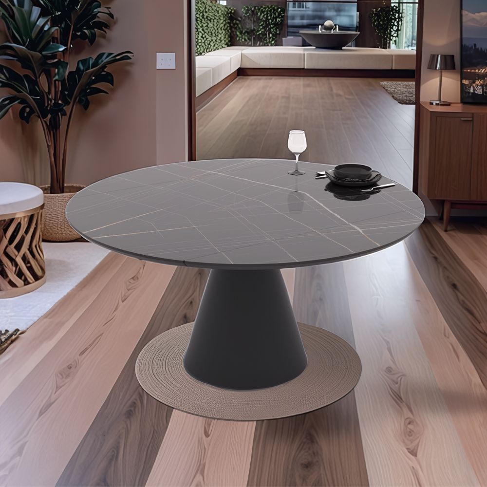 Tavolo girevole allungabile Yandan con piano effetto marmo nero lucido e base conica in metallo nero 150x94x76H