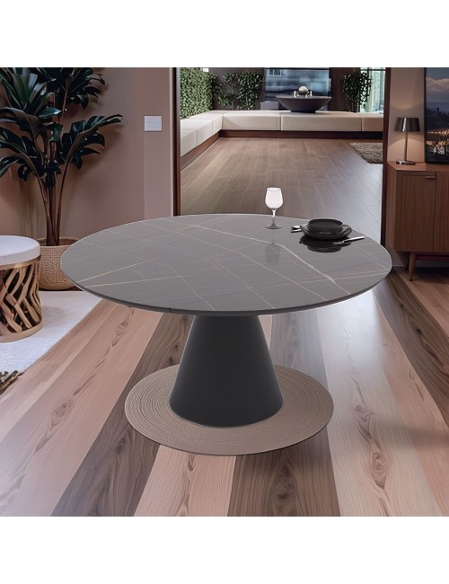 Tavolo girevole allungabile Yandan con piano effetto marmo nero lucido e base conica in metallo nero 150x94x76H