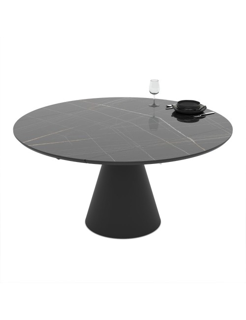 Tavolo girevole allungabile Yandan con piano effetto marmo nero lucido e base conica in metallo nero 150x94x76H