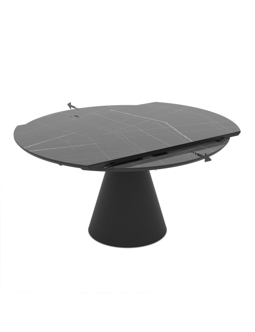 Tavolo girevole allungabile Yandan con piano effetto marmo nero lucido e base conica in metallo nero 150x94x76H