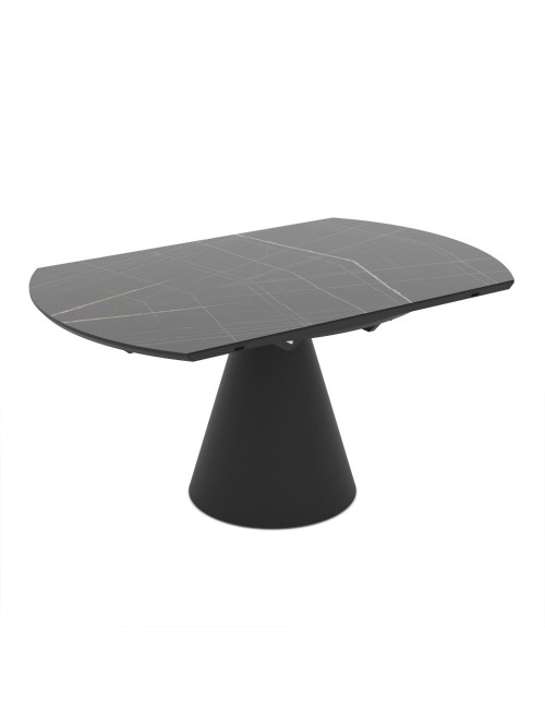 Tavolo girevole allungabile Yandan con piano effetto marmo nero lucido e base conica in metallo nero 150x94x76H