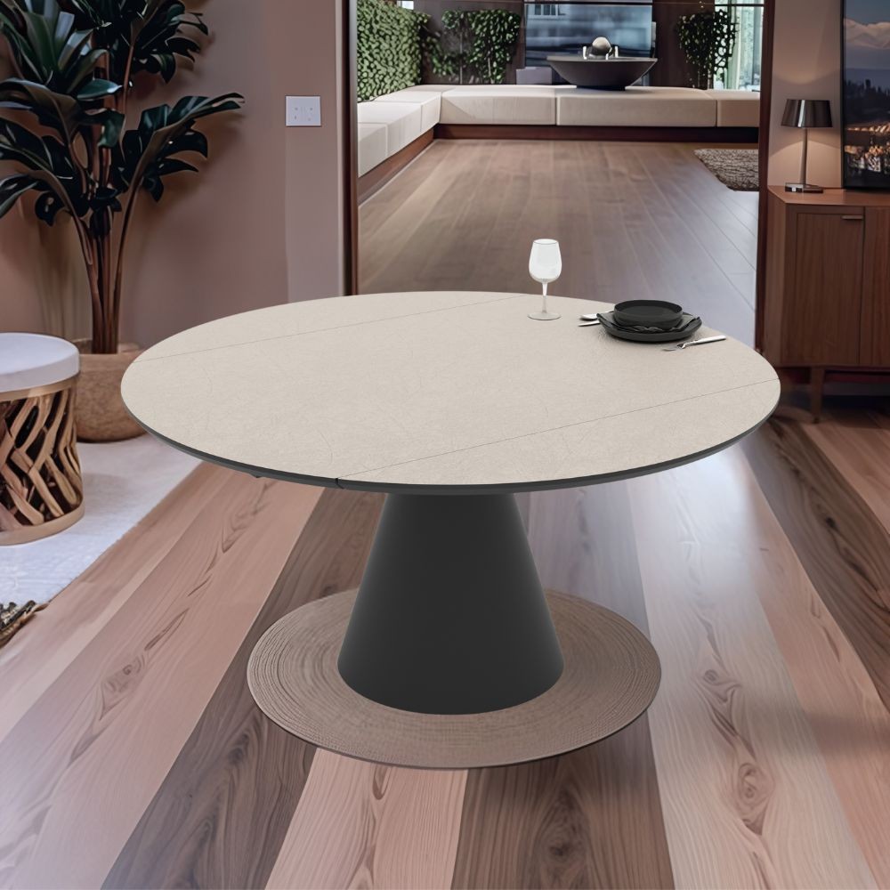 Tavolo girevole allungabile Yandan con piano colore cashmere e base conica in metallo nero 150x94x76H