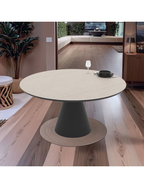 Tavolo girevole allungabile Yandan con piano colore cashmere e base conica in metallo nero 150x94x76H