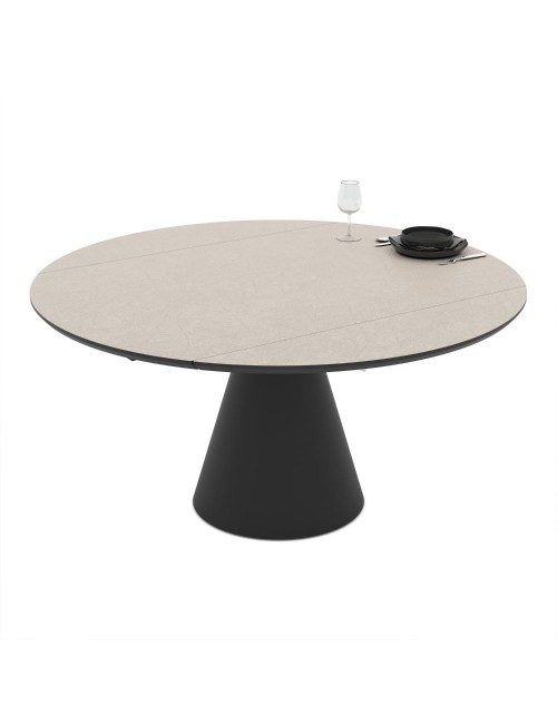 Tavolo girevole allungabile Yandan con piano colore cashmere e base conica in metallo nero 150x94x76H