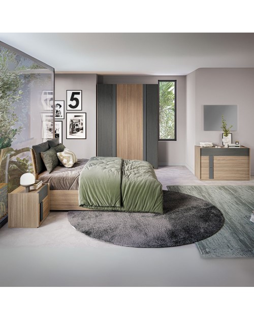 Camera da letto Faba armadio 4 ante noce e grigio e letto contenitore in legno noce