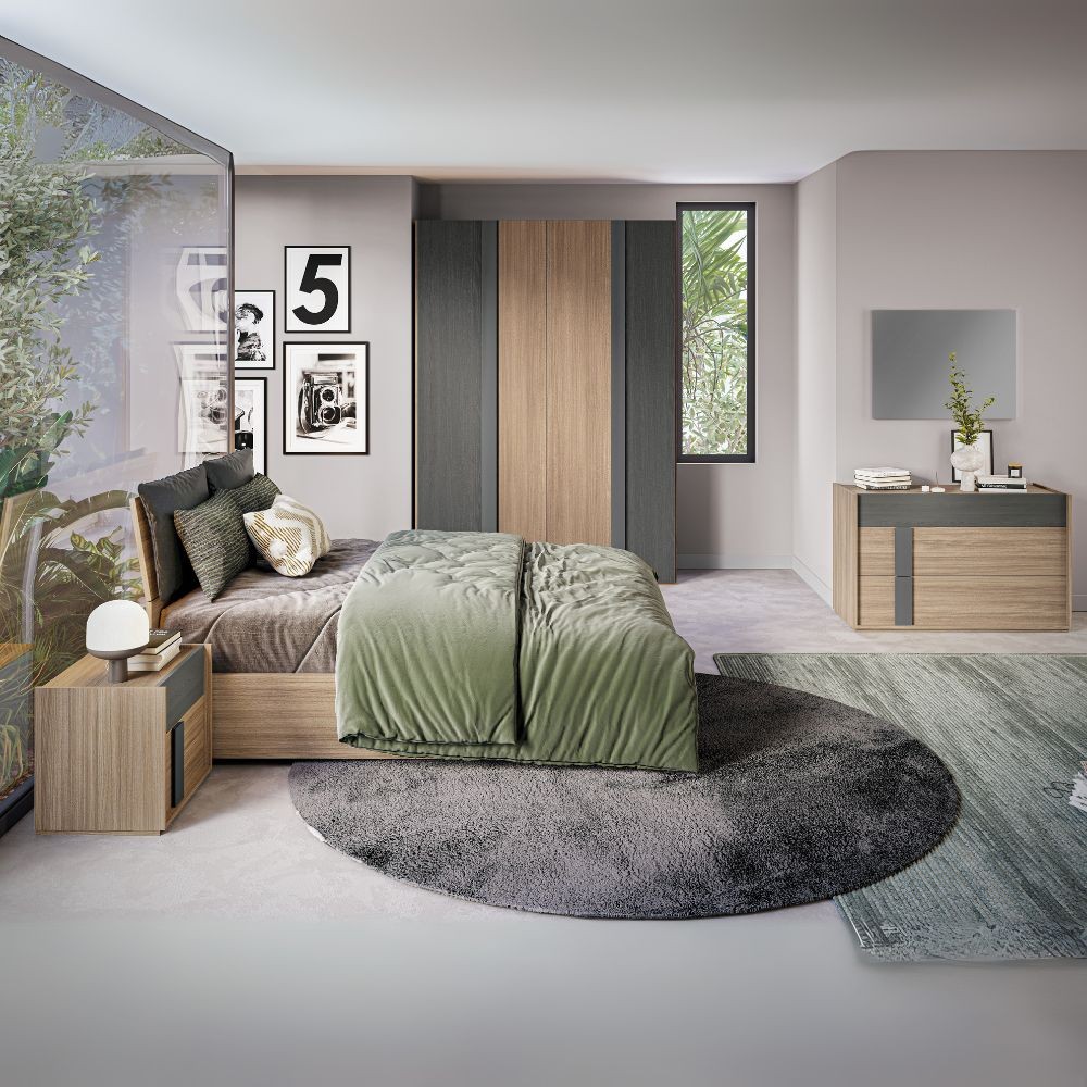 Camera da letto Faba armadio 4 ante noce e grigio e letto contenitore in legno noce
