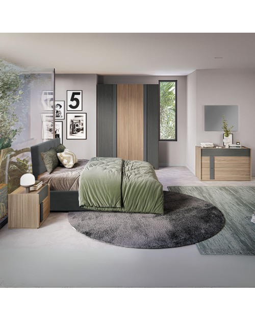 Camera da letto Faba armadio 4 ante battenti in noce e grigio e letto contenitore Ascoli grigio