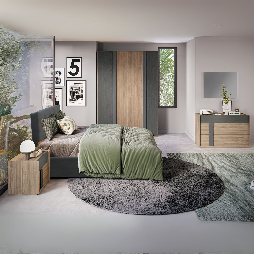Camera da letto Faba armadio 4 ante battenti in noce e grigio e letto contenitore Ascoli grigio