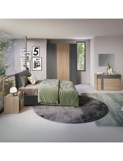 Camera da letto Faba armadio 4 ante battenti in noce e grigio e letto contenitore Ascoli grigio